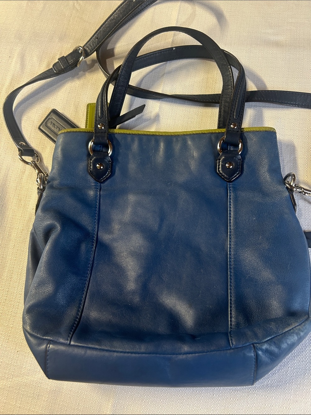 Coach Blue Leather Shoulder Tote with Lime Accent - Picture 6 of 9
